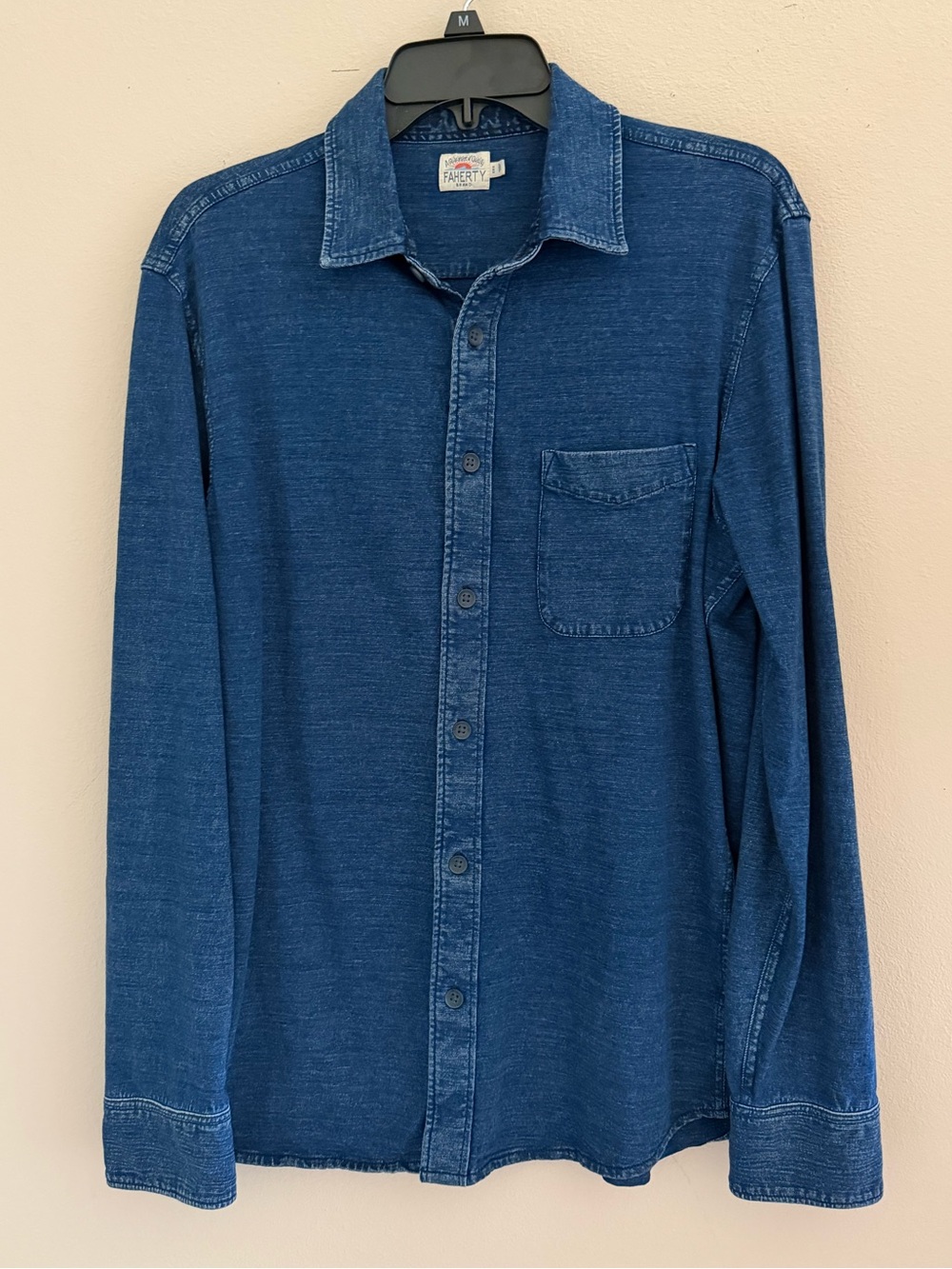 Faherty Knit Seasons Shirt Mens Medium Indigo Blue Button Front Casual Coastal